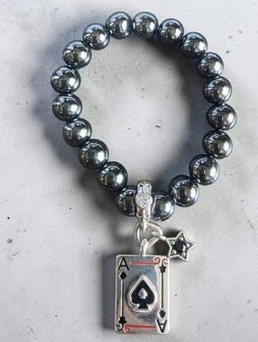 Hematite Beaded Bracelet with 925 Silver Ace of Spades Charm